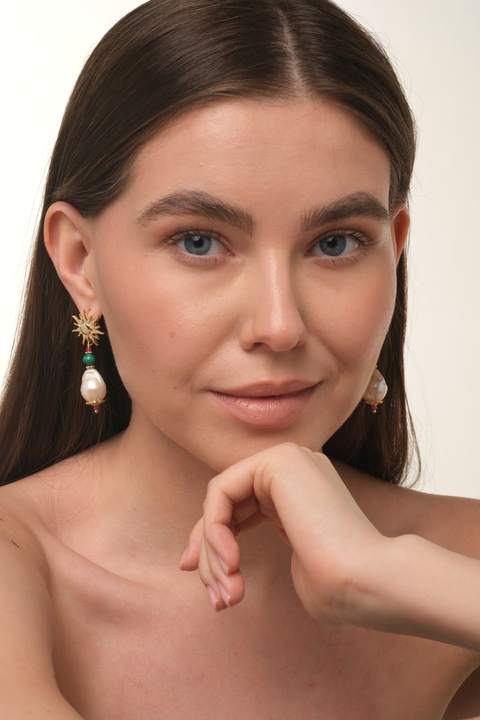 Серьги-солнце с барочным жемчугом, золотистая латунь