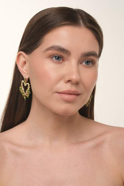 Серьги-сердце ажурные с фианитом и бирюзой · 5 см