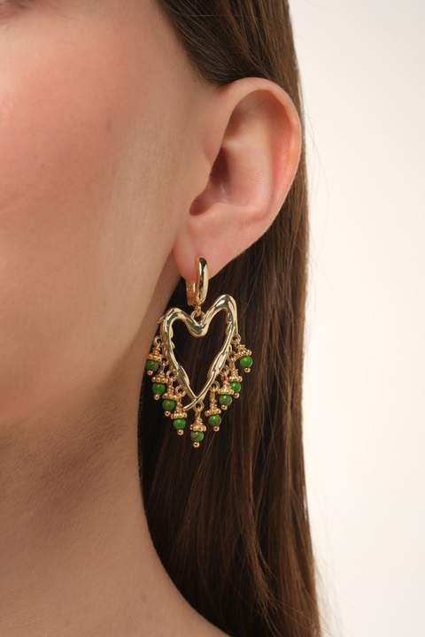 Серьги-сердце ажурные с фианитом и бирюзой · 5 см