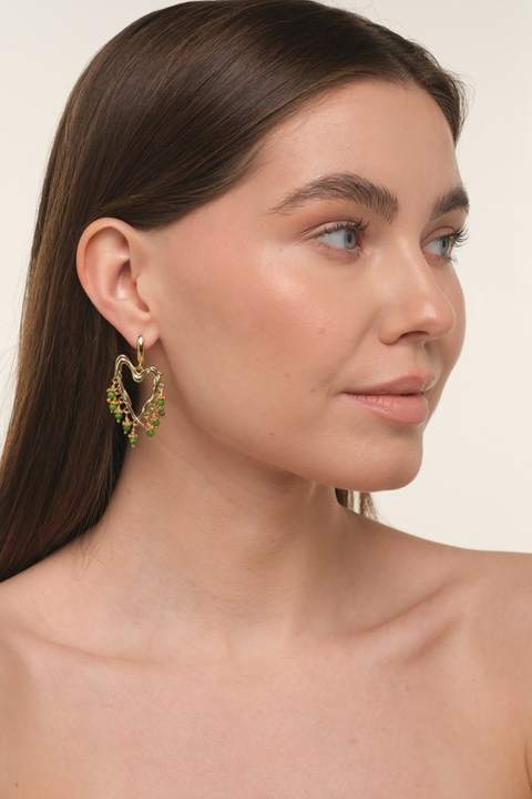 Серьги-сердце ажурные с фианитом и бирюзой · 5 см