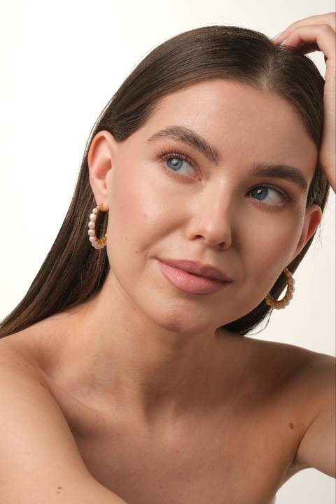 Серьги-конго из латуни с культивированным жемчугом · 3 см
