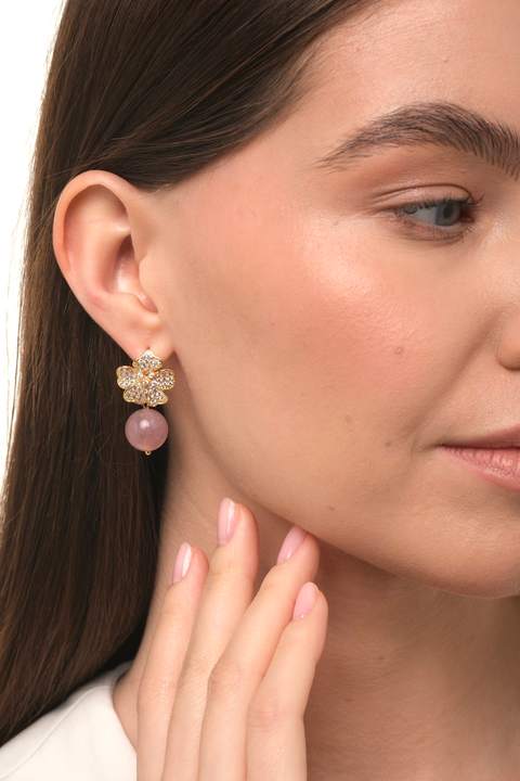 Серьги «Цветок» из латуни с розовым кварцем