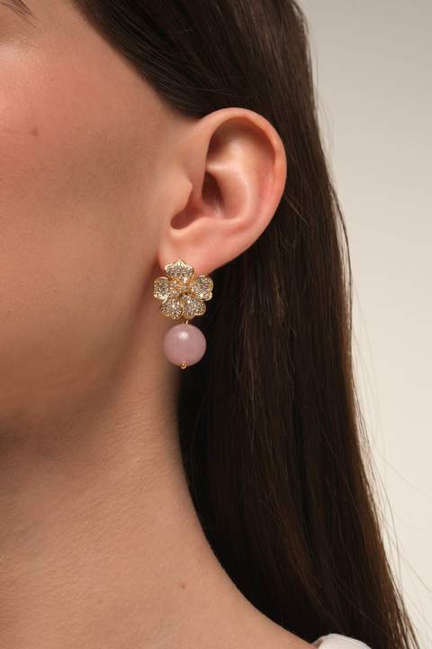 Серьги «Цветок» из латуни с розовым кварцем