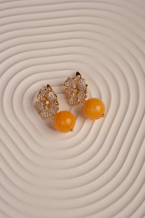 Серьги «Цветок» из латуни с жёлтым кварцем